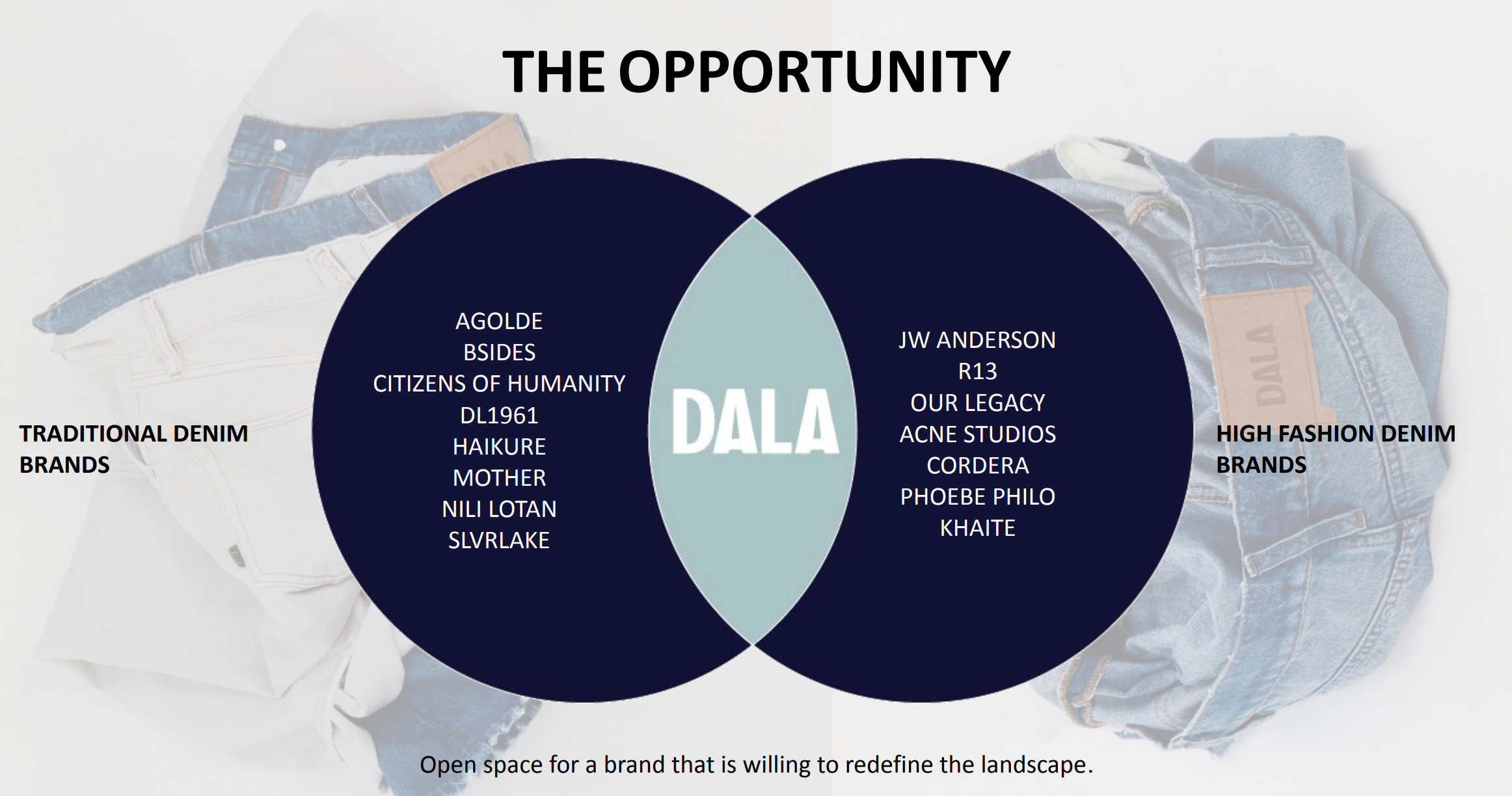 DALA Competitive Positioning — Venn diagram showing DALA at the intersection of Traditional Denim Brands and High Fashion Denim Brands